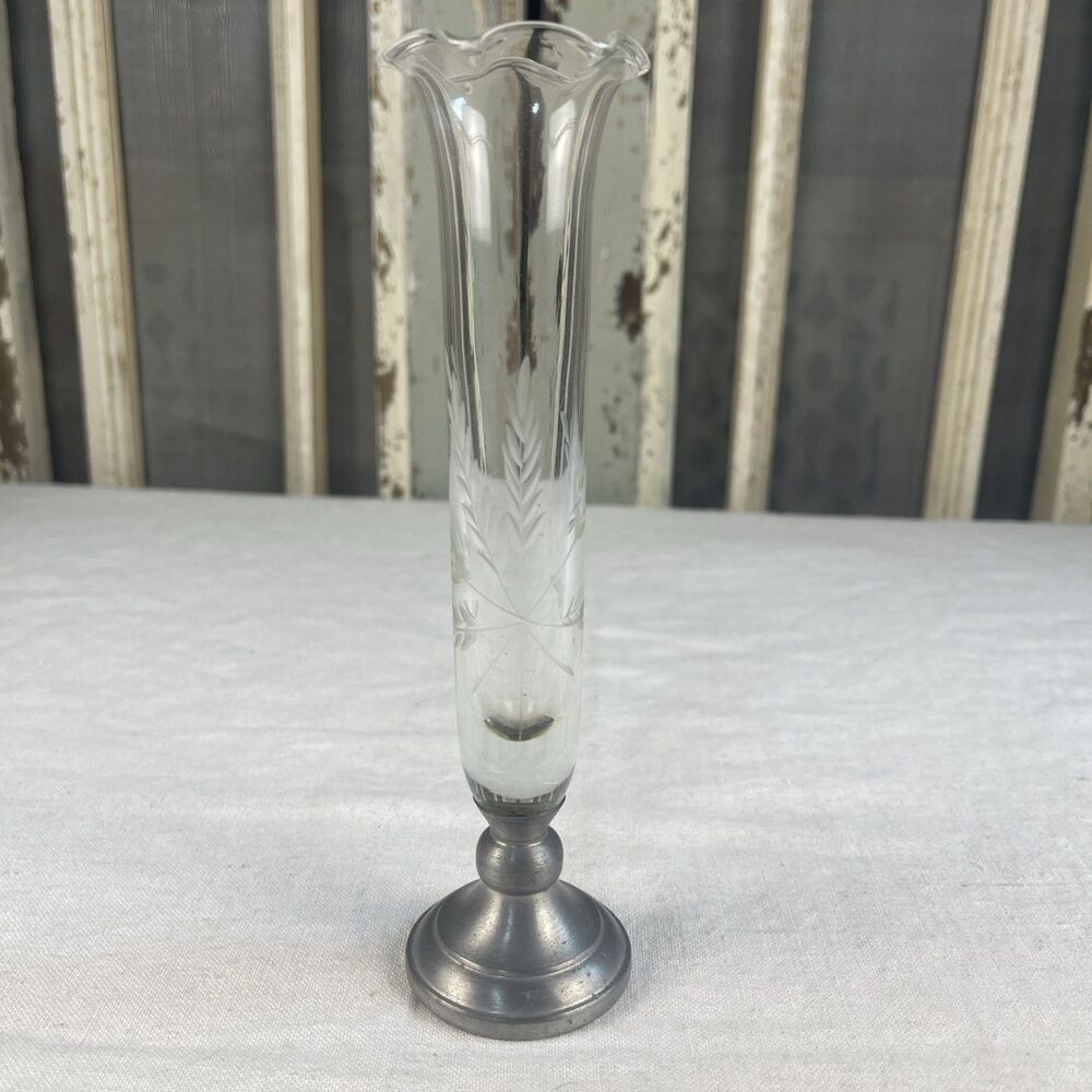 Web Pewter Crystal Etched Wheat Pattern Bud Vase Scalloped Vintage